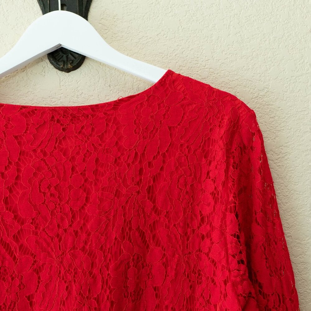 Zac & Rachel Red Lace Top Large V Neck Floral Lace Blouse Lined 3/4 Sleeve - Picture 11 of 13